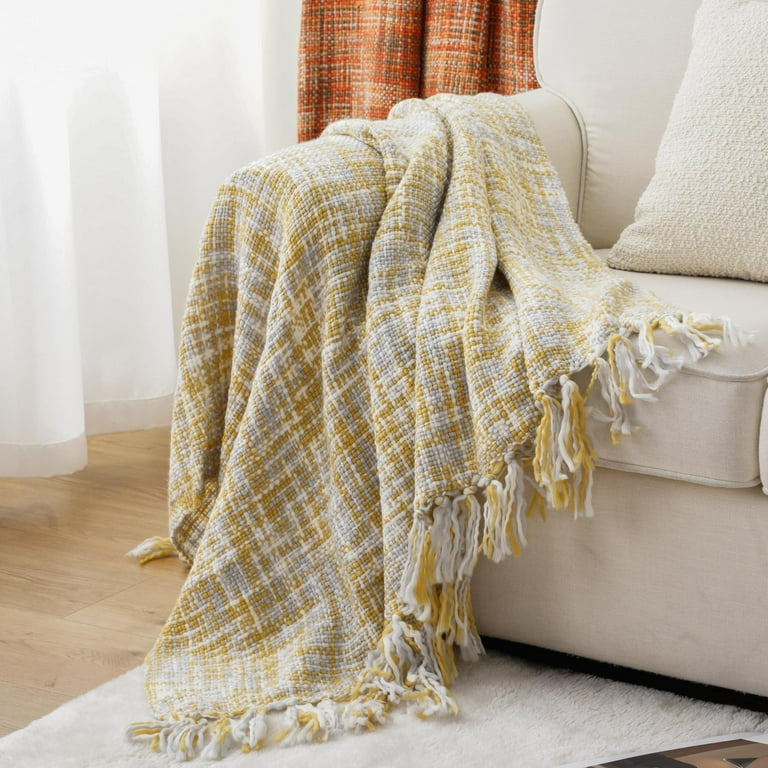Battilo Cozy Yellow Throw Blanket Gold Knit for Couch Bed Indoor Outdoor 50 x60