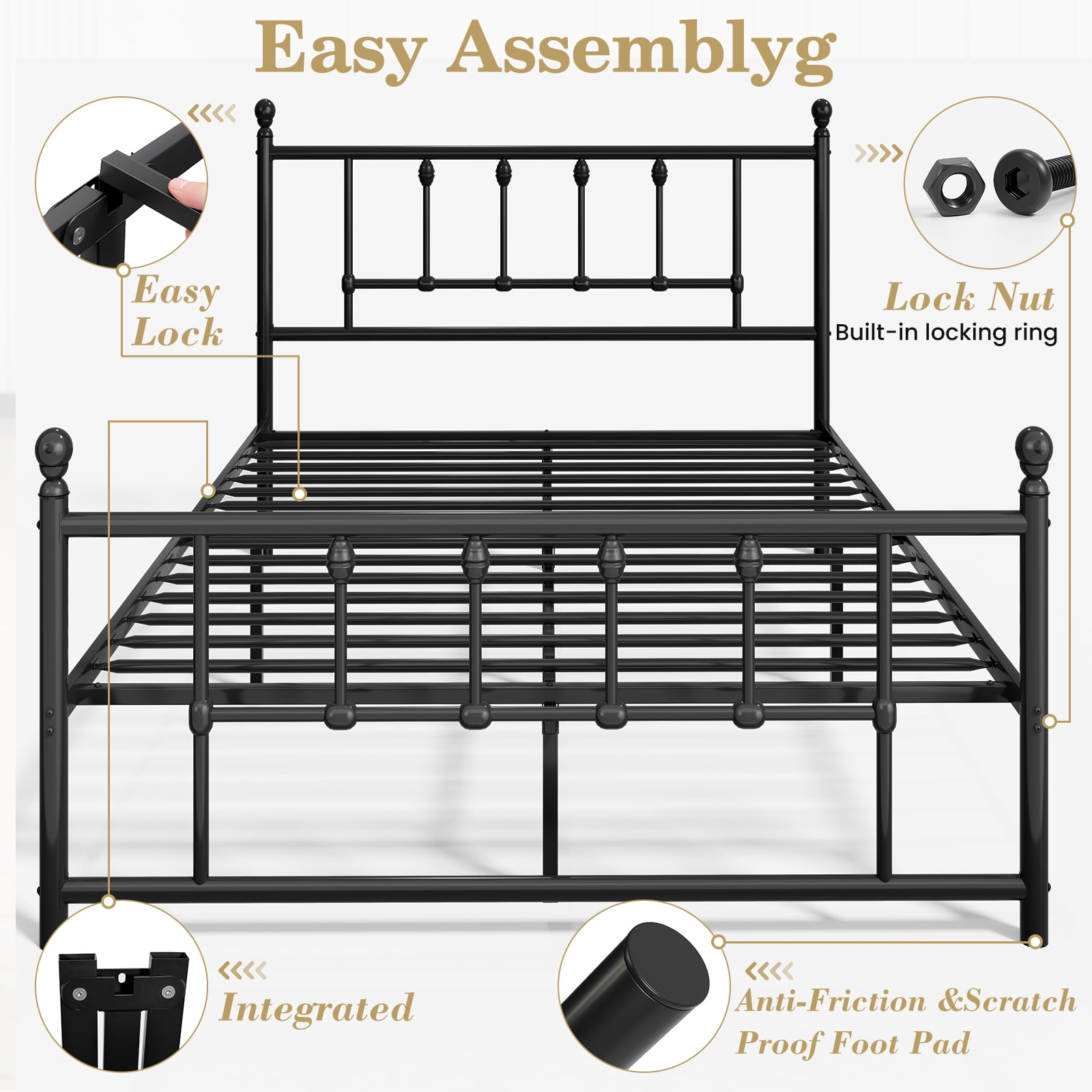 LEVELEVE 14 Inch Queen Size Metal Platform Bed Frame with Headboard and Footboard, Victorian Vintage Style, Underbed Storage, No Box Spring Needed, Easy Assembly, Black
