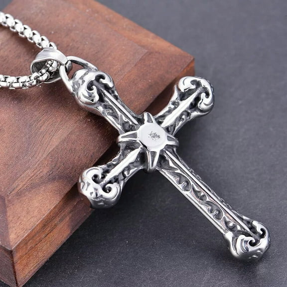 HOOUN Mens Vintage Silver Cross Pendant Necklace Religious Christian Jewelry Chain 24"