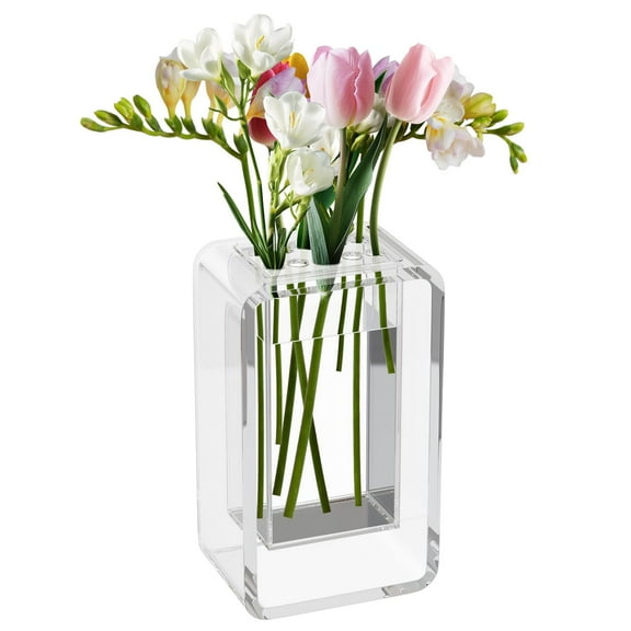 NIUBEE Flower Vase, Acrylic Clear Modern Decor Vase with Stem Holder 2-in-1 for Home Wedding Centerpiece, 7.87 Inch