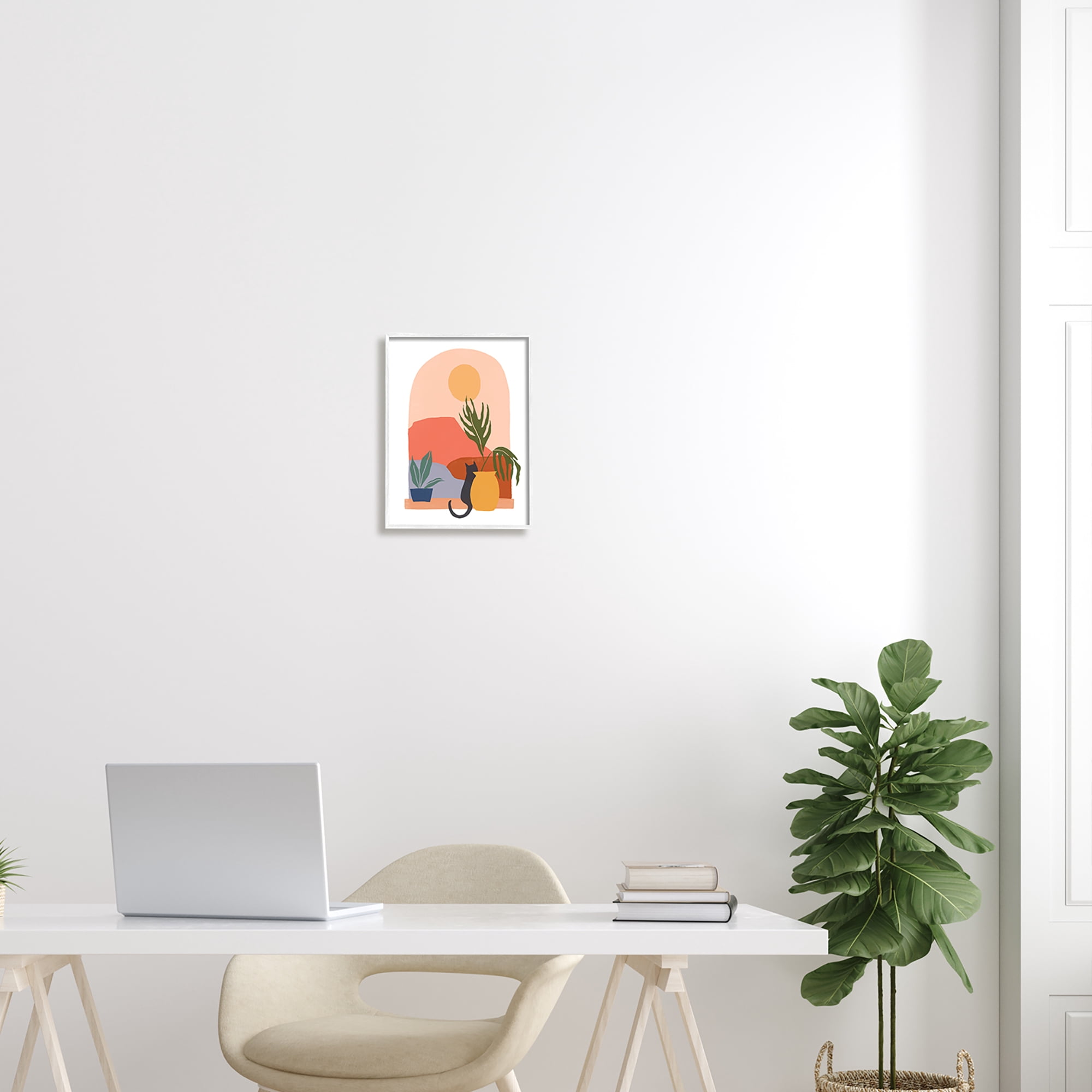 Stupell Industries Cat Watching Desert Dunes Modern Window View Graphic Art White Framed Art Print Wall Art, Design by June Erica Vess
