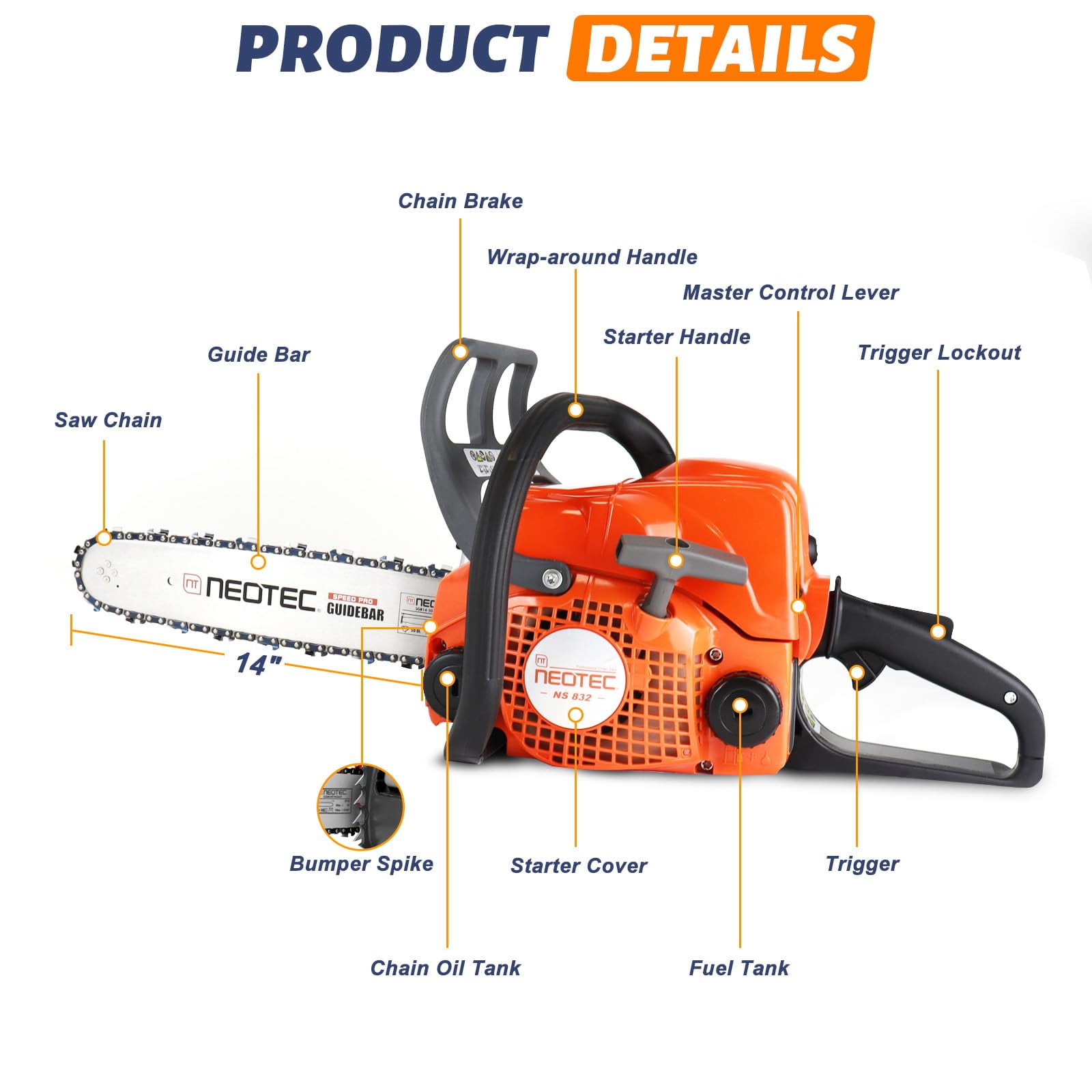 NEOTEC 31.8cc Gas Chainsaw,14 Inch Gasoline Powered Chain Saw 2-Stroke Gas Chainsaws,Durable Portable Chain Saw for Wood Cutting,Tree Pruning and Firewood Preparation NS832