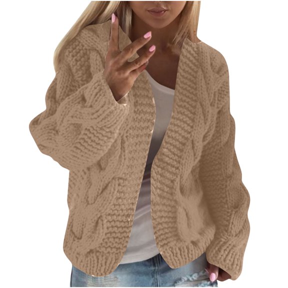 SuTry Womens Tops Slim Cropped Cardigan Fall Winter Soft Knit Long Sleeve Solid Color Casual Fashion Outerwear Sweater(Beige#1,XL)