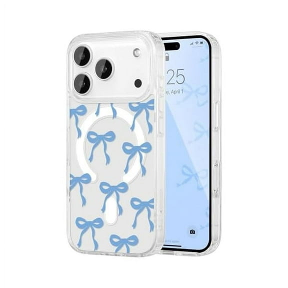 ZHU997 Magnetic for iPhone 17 Pro Case, Bow Case Compatible with MagSafe, Wireless Slim Clear Ribbon Aesthetic Phone Cover Anti-Yellowing Shockproof Protective Cover for Women Girl - Baby Blue