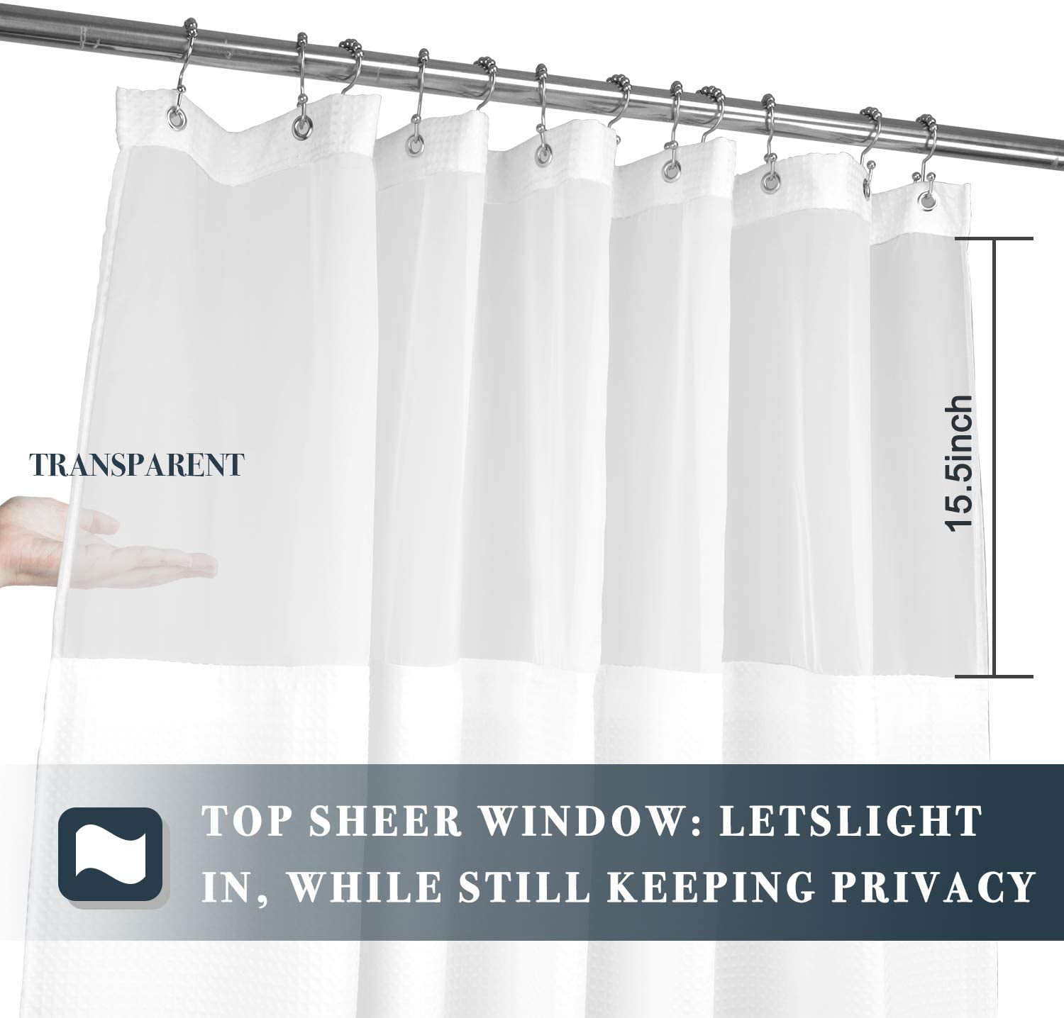 71x72 Gray Hotel Style 12 Hooks Included Waffle Weave Shower Curtain with Snap-in Fabric Liner Set Mesh Top Window Water-Repellent /& Washable