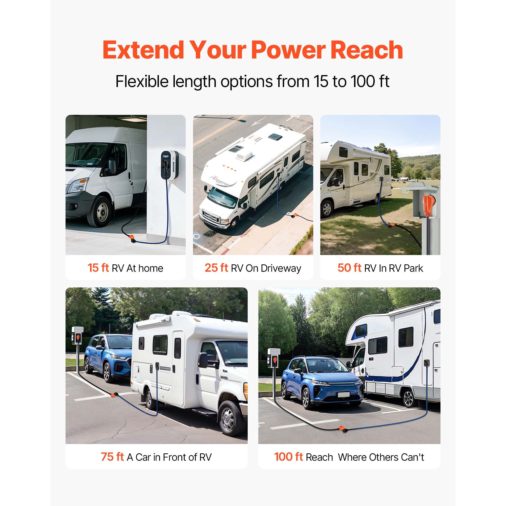 KFFKFF 100 FT RV Extension Cord, 50 Amp, 125V 7500W Durable STW 6/3 + 8/1 Gauge Wire, NEMA 14-50P Male to NEMA 14-50R Female Plug, Includes LED Indicator, Handle, and 15A Adapter, Suitable for RVs