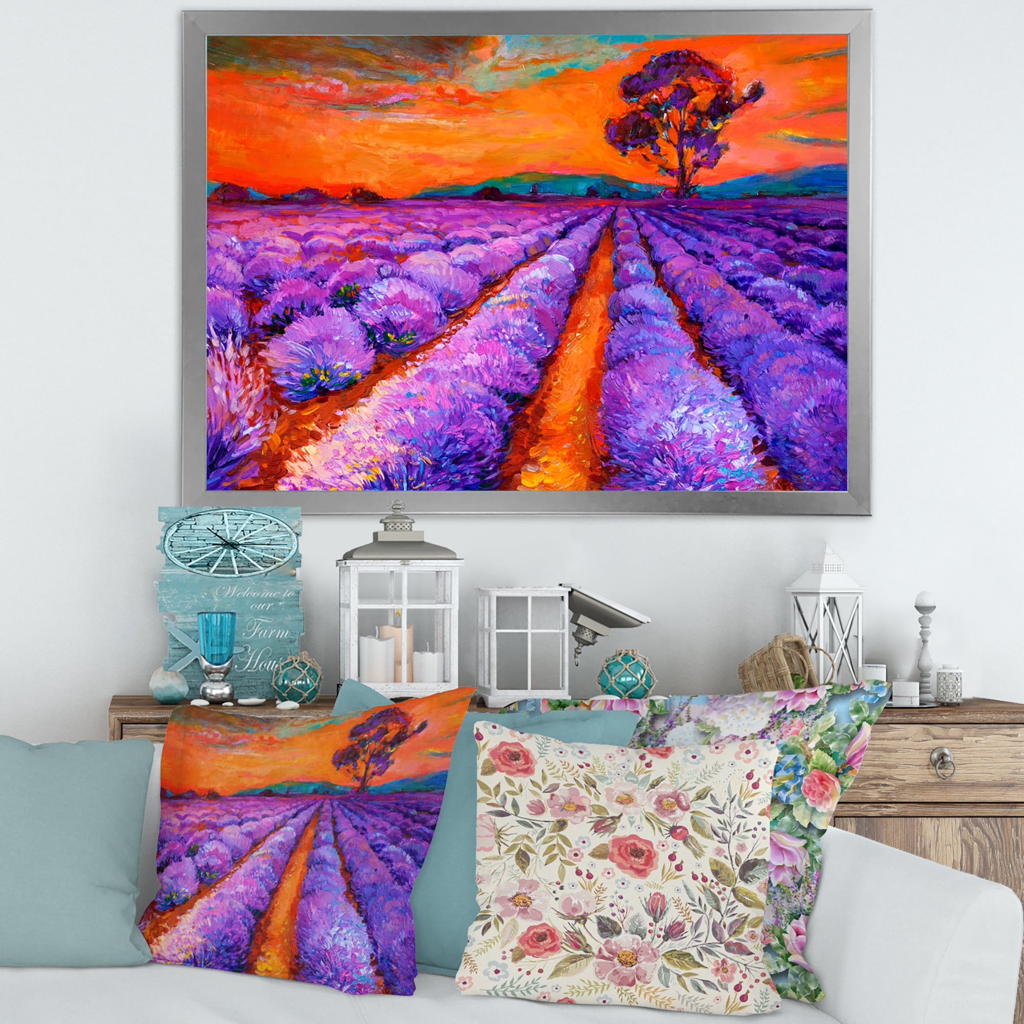 Designart 'An Orange Sunset Over Purple Lavender Fields I' Farmhouse Framed Art Print