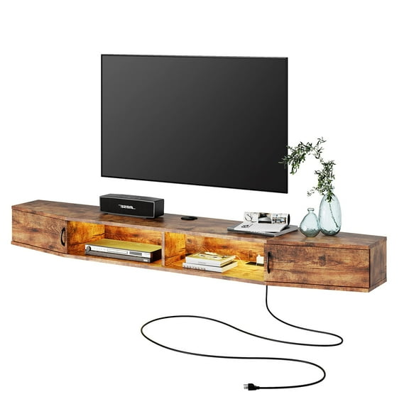 Floating TV Stand Wall Mounted Shelf with Yellow LED Lights, Wood Media Console Entertainment Center Under TV, Cabinet Hutch Desk Storage for Home and Office,Rustic Brown