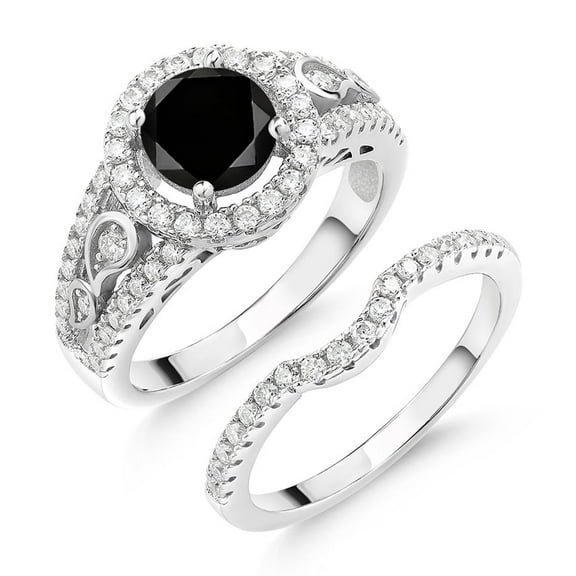 Gem Stone King 1.84 Cttw Round Black Diamond and White Moissanite Wedding Engagement Ring Band Bridal Set for Women | 925 Silver | Wedding Engagement Anniversary Promise Ring for Women | Size 6