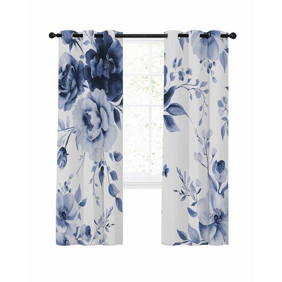 Blue Floral Art Blackout Curtains, Light Blocking Print Window Curtains, Watercolor Botanical Spring Flowers Thermal Insulated Window Drapes for Living Room Kitchen Cafe 2 Panels, 104"W x 63"L
