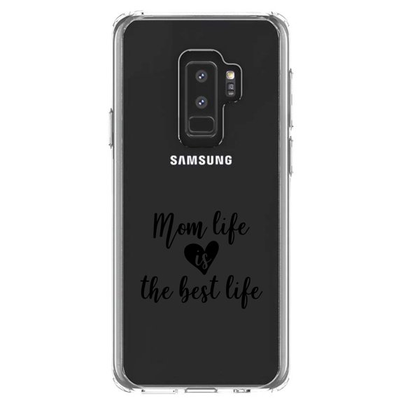 DistinctInk Clear Shockproof Hybrid Case for Samsung Galaxy S9  PLUS (6.2" Screen) - TPU Bumper Acrylic Back Tempered Glass Screen Protector - Mom Life is the Best Life - Heart