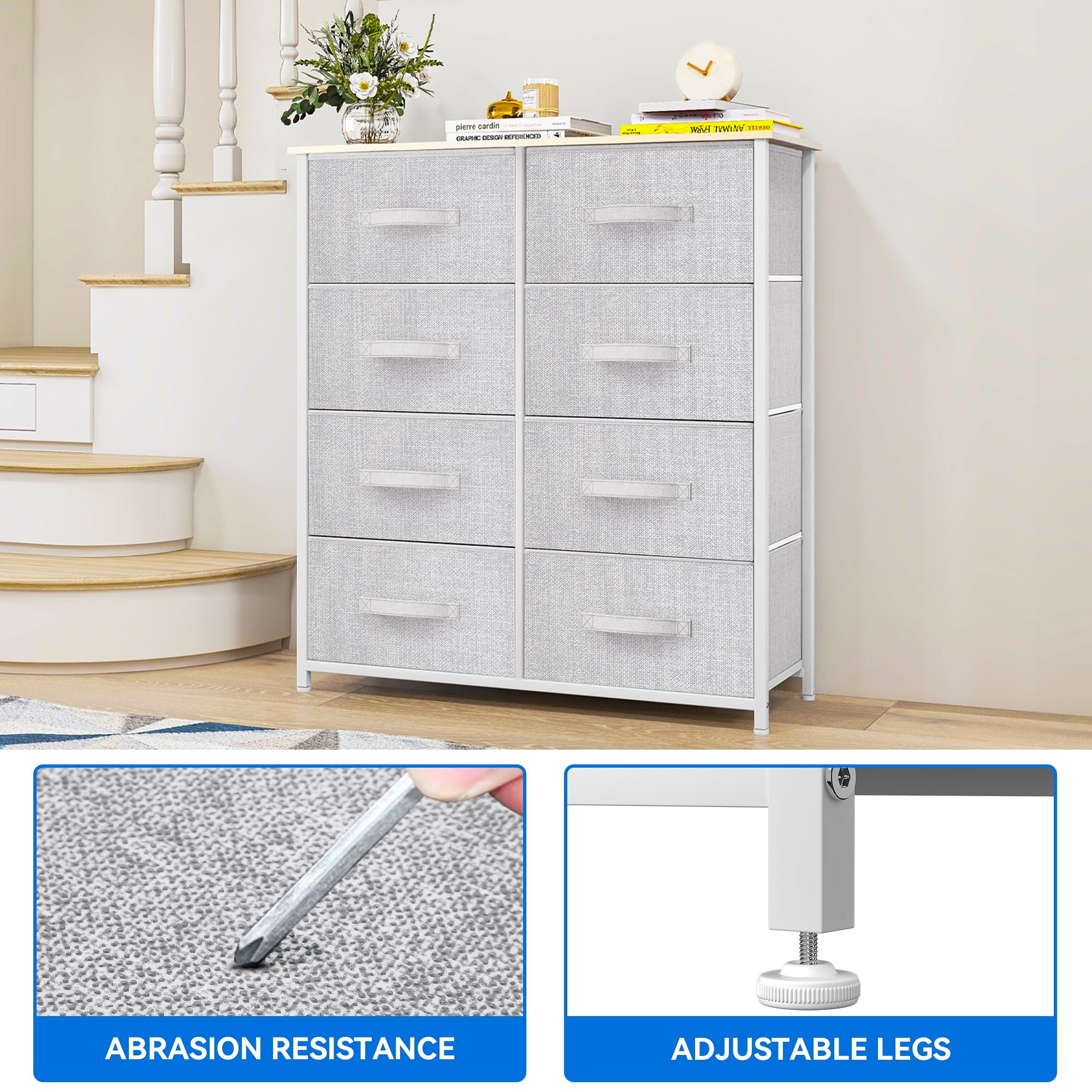 Uforic 8-Drawer Fabric Dresser for Adults & Teens, Storage Organizer for Bedroom, Light Gray