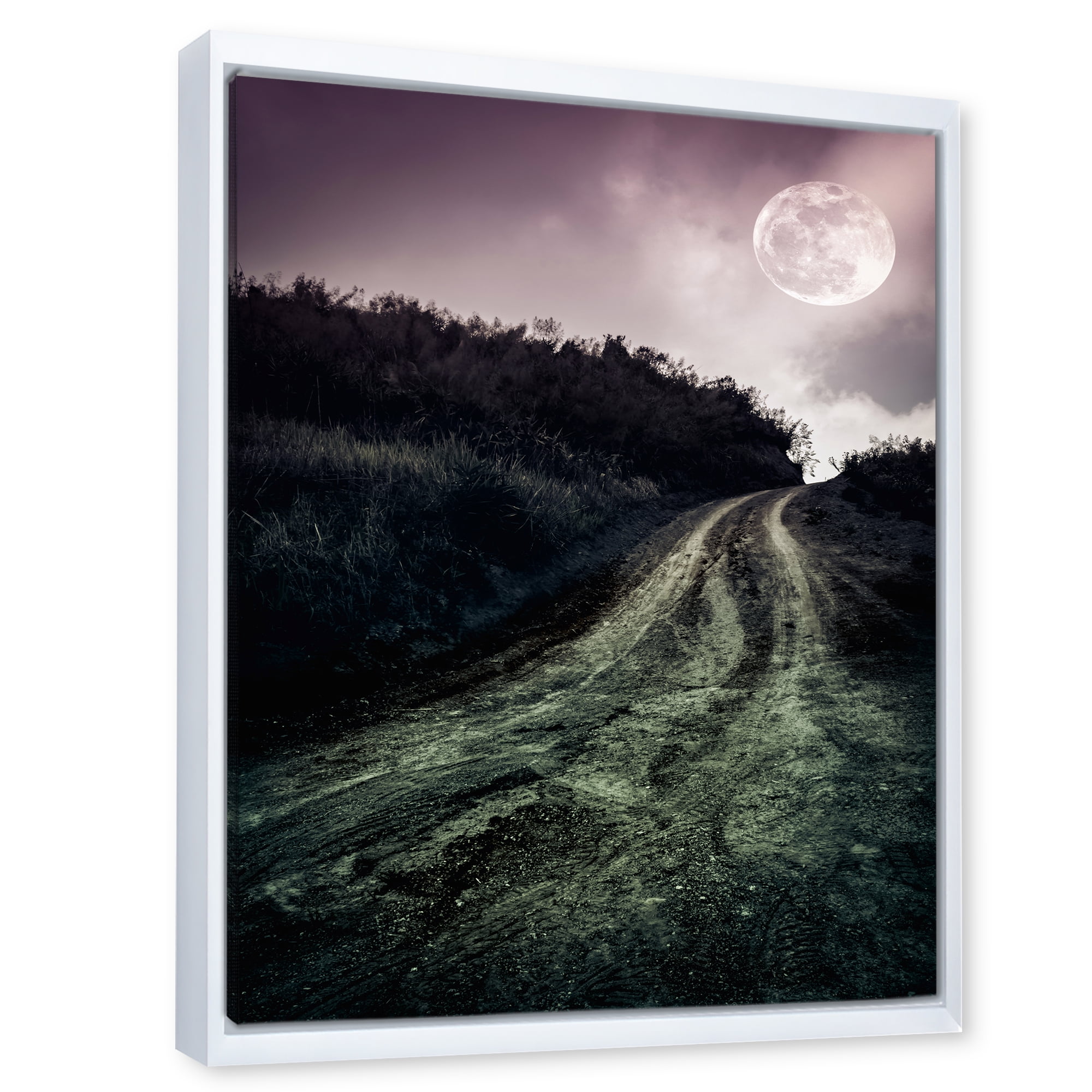 Designart 'Countryside Muddy Road Under Full Moon' Modern Framed Canvas Wall Art Print