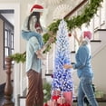 thumbnail image 2 of 7FT Blue Gradient Flocked Pencil Christmas Tree with 300 Warm White LED Lights, 725 Tips, Hinged Branches, Slim Design, Metal Stand  Narrow Prelit Tree for Holiday Home Decor, 2 of 9