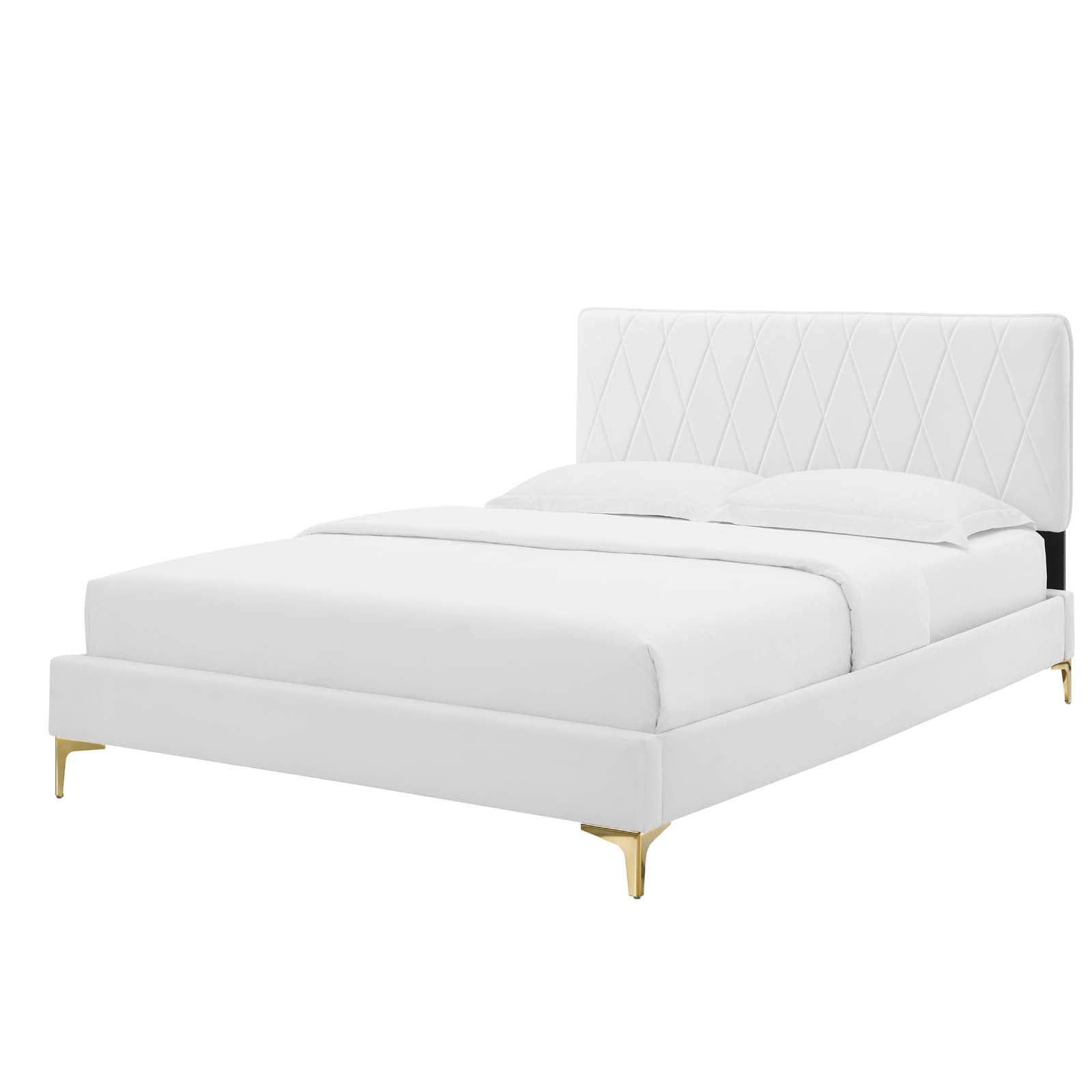 Platform Bed Frame, Queen Size, Velvet, White, Modern Contemporary Urban Design, Bedroom Master