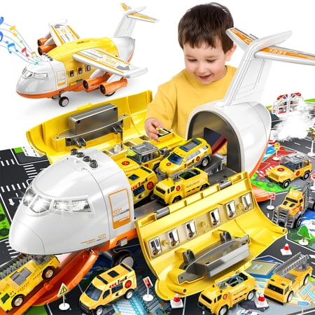 Educational Transforming Storage Toy Set For Kid featuring a core transformable inertia transport plane accompanied by multiple engineering/rescue theme vehicles