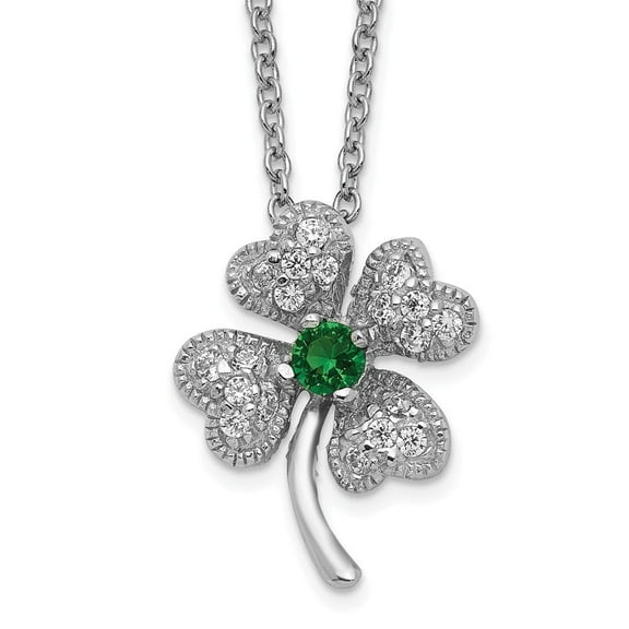 Auriga Fine Jewelry 925 Sterling Silver Rh-plated Green Glass and White CZ Four Leaf Clover Necklace for Women 15"