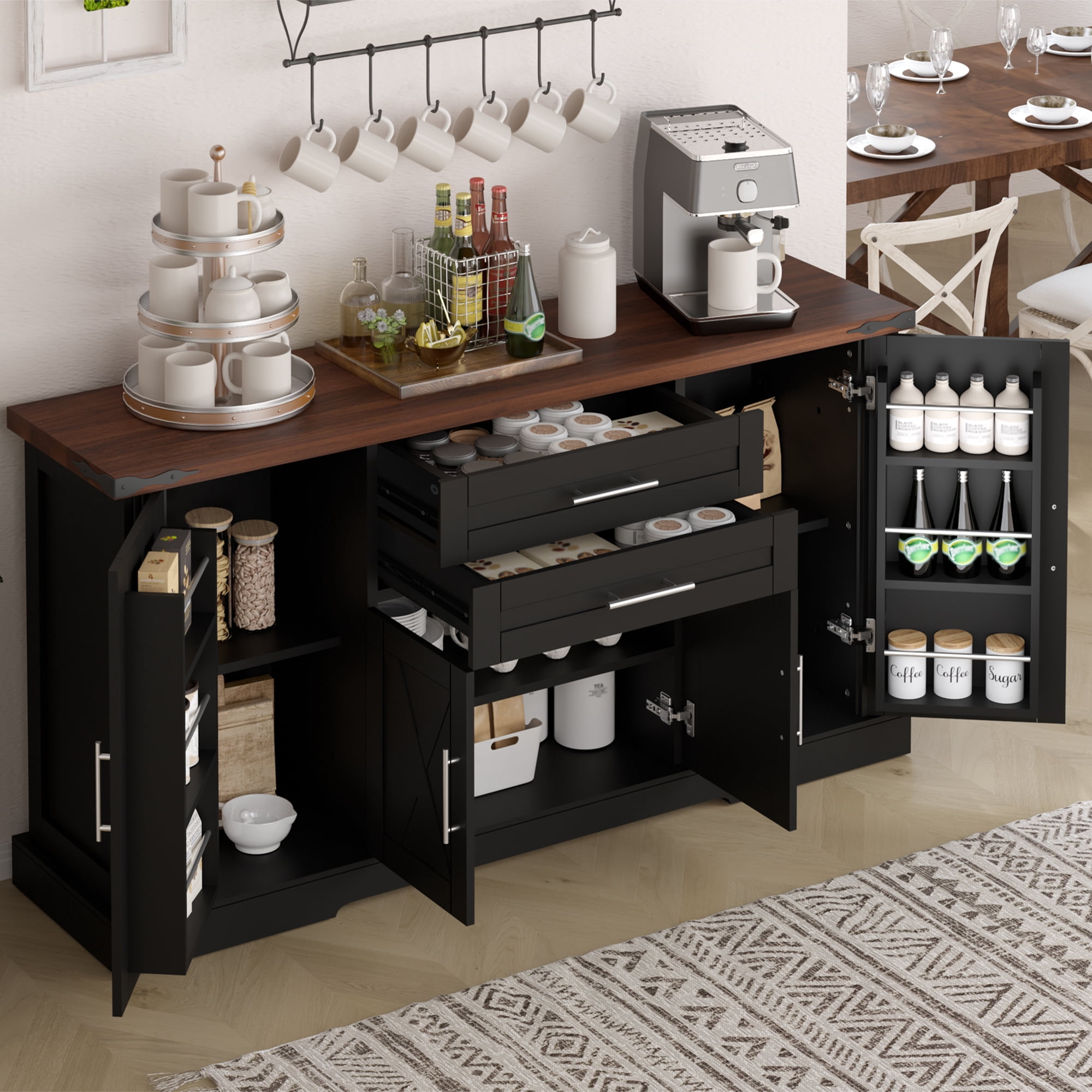 Mintazer 63" Farmhouse Sideboard Buffet Cabinet with 2 Drawers & Door Rack, Modern Storage Cabinet with Adjustable Shelves for Entryway Kitchen Living Room Dining Room, Black