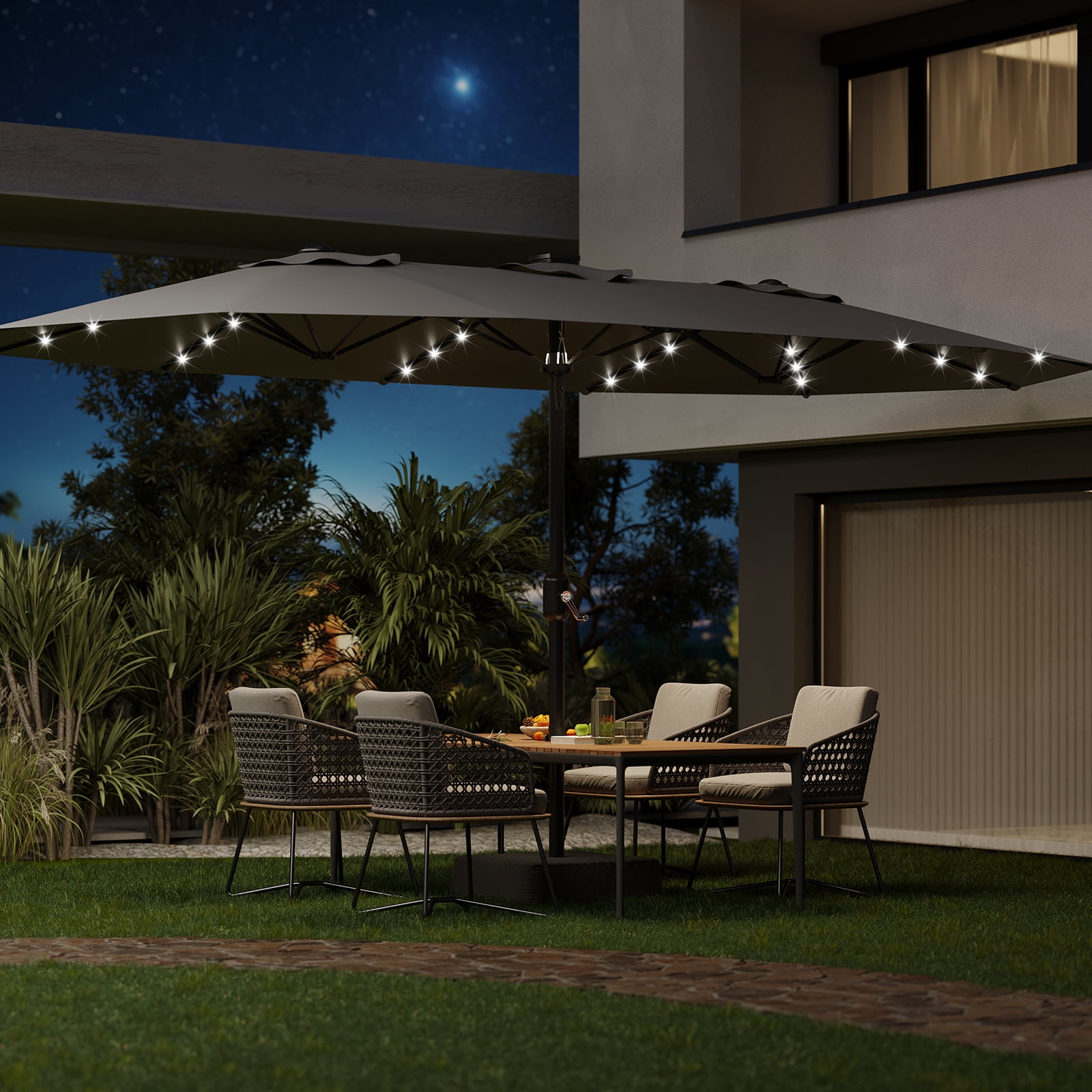 15ft Patio Umbrella with Solar Lights, Outdoor Large Umbrellas with Crank Handle and 36 LED Lights, Rectangular Market Umbrella with Base Included for Deck Pool Shade