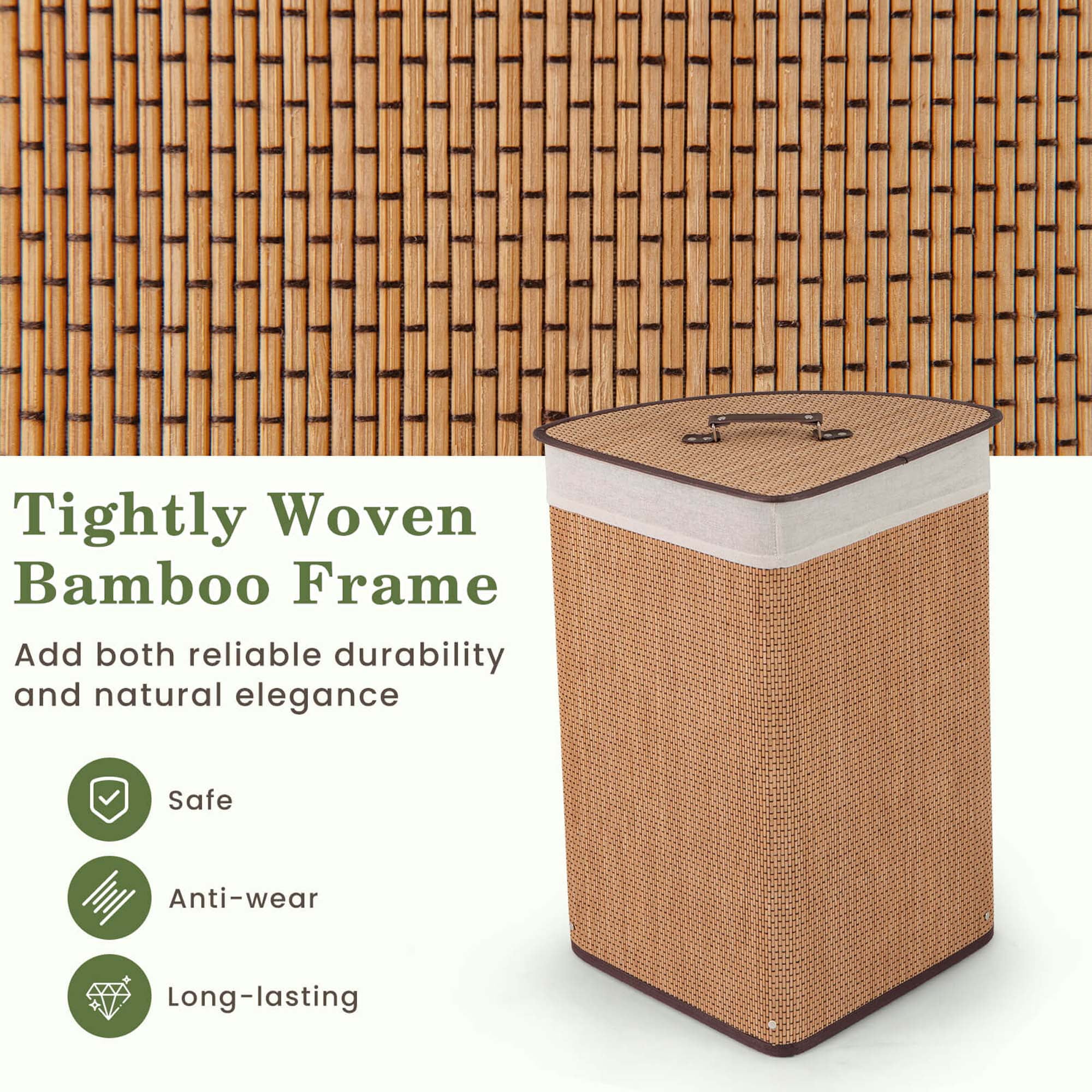 Costway Corner Bamboo Hamper Laundry Basket Washing Cloth Bin Storage Bag Bamboo