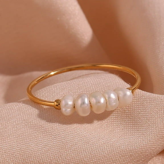Stainless Steel & Natural Freshwater Pearl Beads Finger Rings Golden Inner Diameter: 17.8~18.1mm