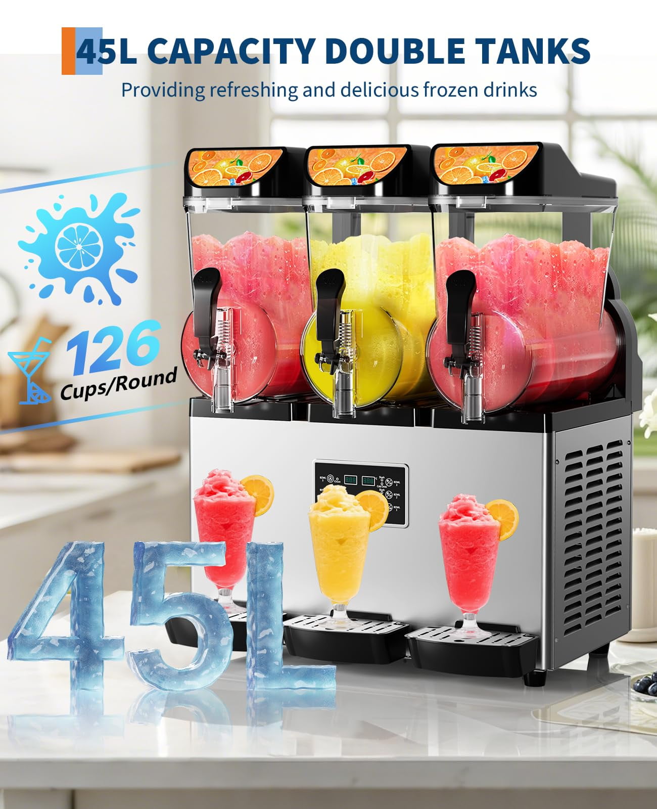 Commercial Slushy Machine 15Lx3, Tainless Steel Smoothie Frozen Drink Maker with Self-Cleaning Mode, 1200W Electric Large Slushie Machine for Home Party Restaurants Cafe Bars