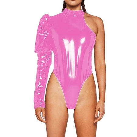 Punk Wet PVC Leather One Shoulder Puff Long Sleeve Bodysuit Party Club Skinny Women Sexy Playsuits