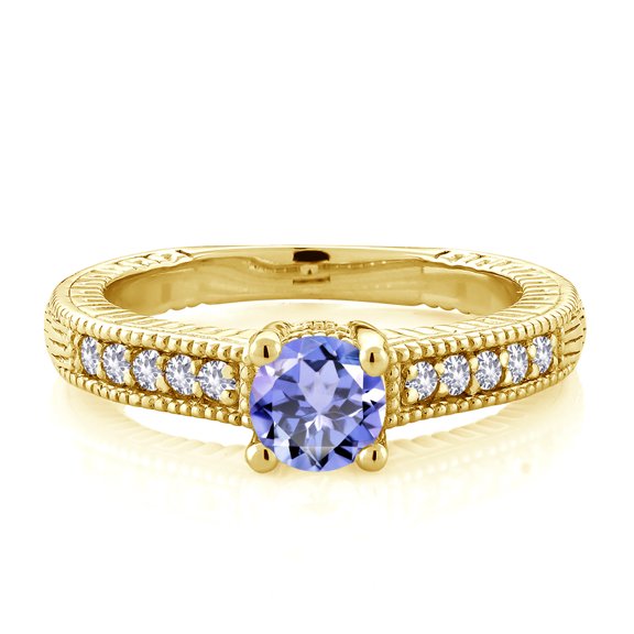 Gem Stone King 18K Yellow Gold Plated Silver Blue Tanzanite and White Created Sapphire Women's Solitaire Ring with Accent Stones (0.61 Cttw, Round Shape 5MM, Size 8)