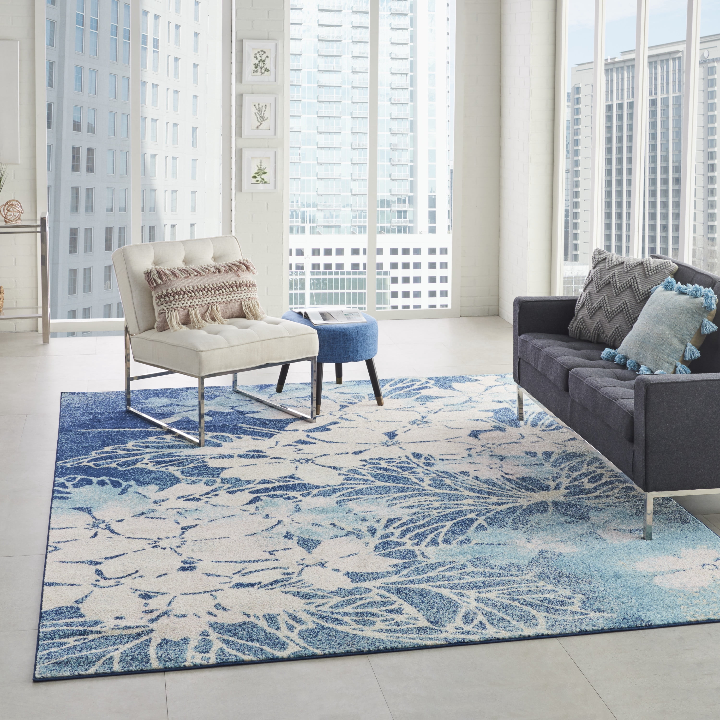 Serene Distressed Floral Navy/Pink 8' x 10' Area Rug, (8' x 10')