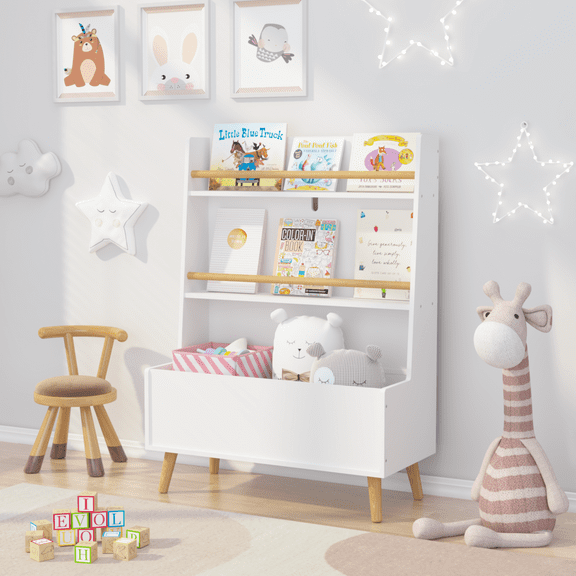 PORKISS Bookshelf for Kids, Wooden Kids Bookshelf with Toy Storage Cabinet and 2 Shelves, Freestanding Bookcase Organizer for Bedroom, Playroom, White