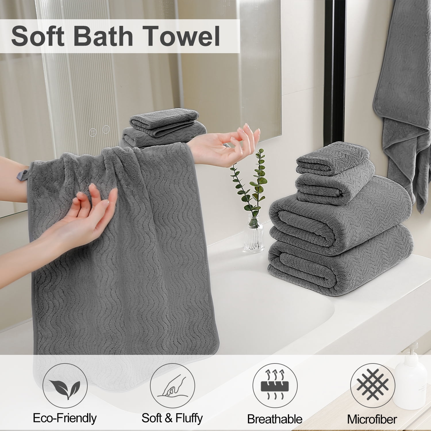 Covina Home 8 Pcs Bath Towel Set Dark Gray Microfiber Bathroom Towel Set Ultra Soft Plush Oversized Towels Adult Luxury Bath Sheet