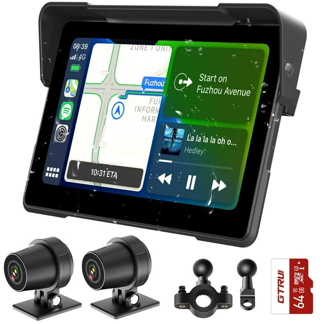 CarPlay portátil de 7 pulgadas para motocicleta, pantalla táctil impermeable, juego inalámbrico para coche, pantalla automática Android, navegación GPS para moto, control de voz Siri, Bluetooth dual T
