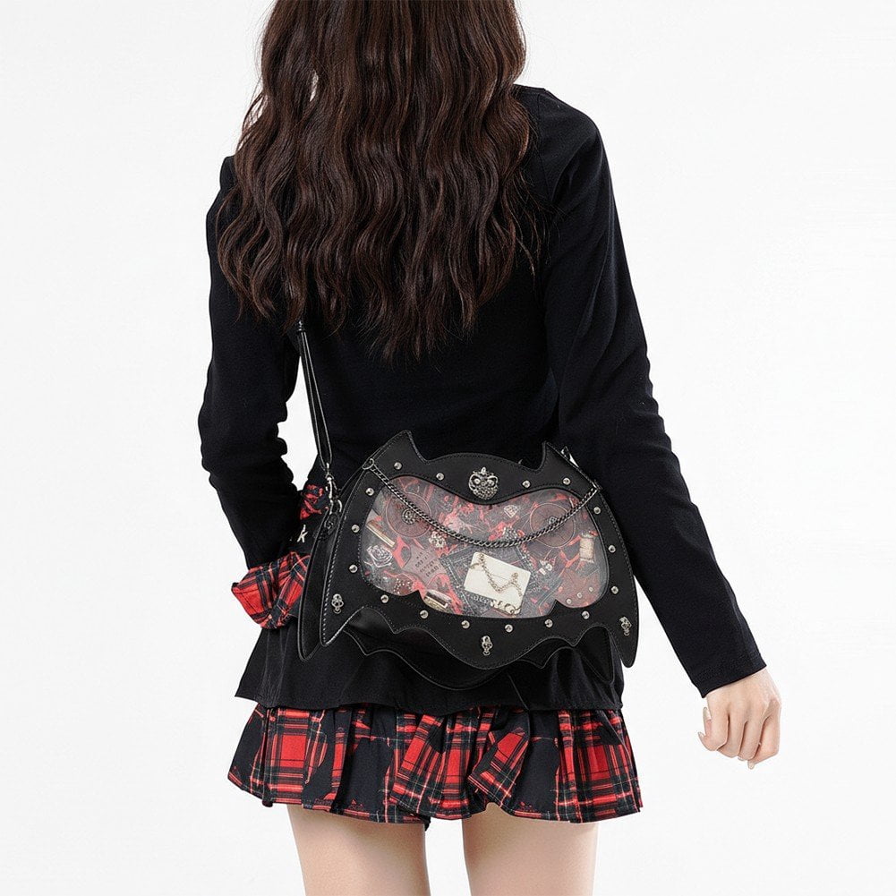 Jiibva Punk Style Crossbody Bag Gothic Dark Pain Bag Cartoon Bat Cat Shaped Shoulder Bag PU Leather Messenger Bag