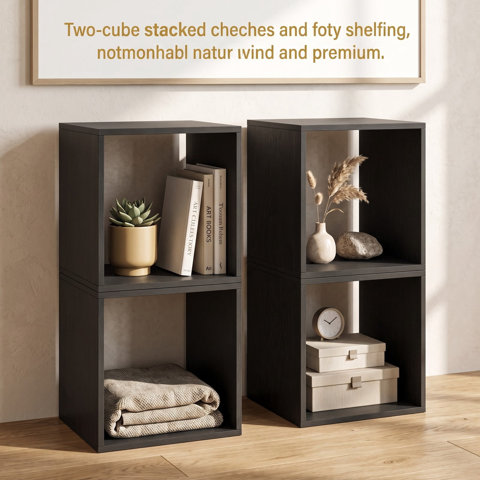 Furnibear Cube Storage Organizer Set of 2, Stackable Modular Bookcase Cubby Shelf for Living Room Bedroom Study Office, Wood Display Bookshelf with Anti-Tip, Black