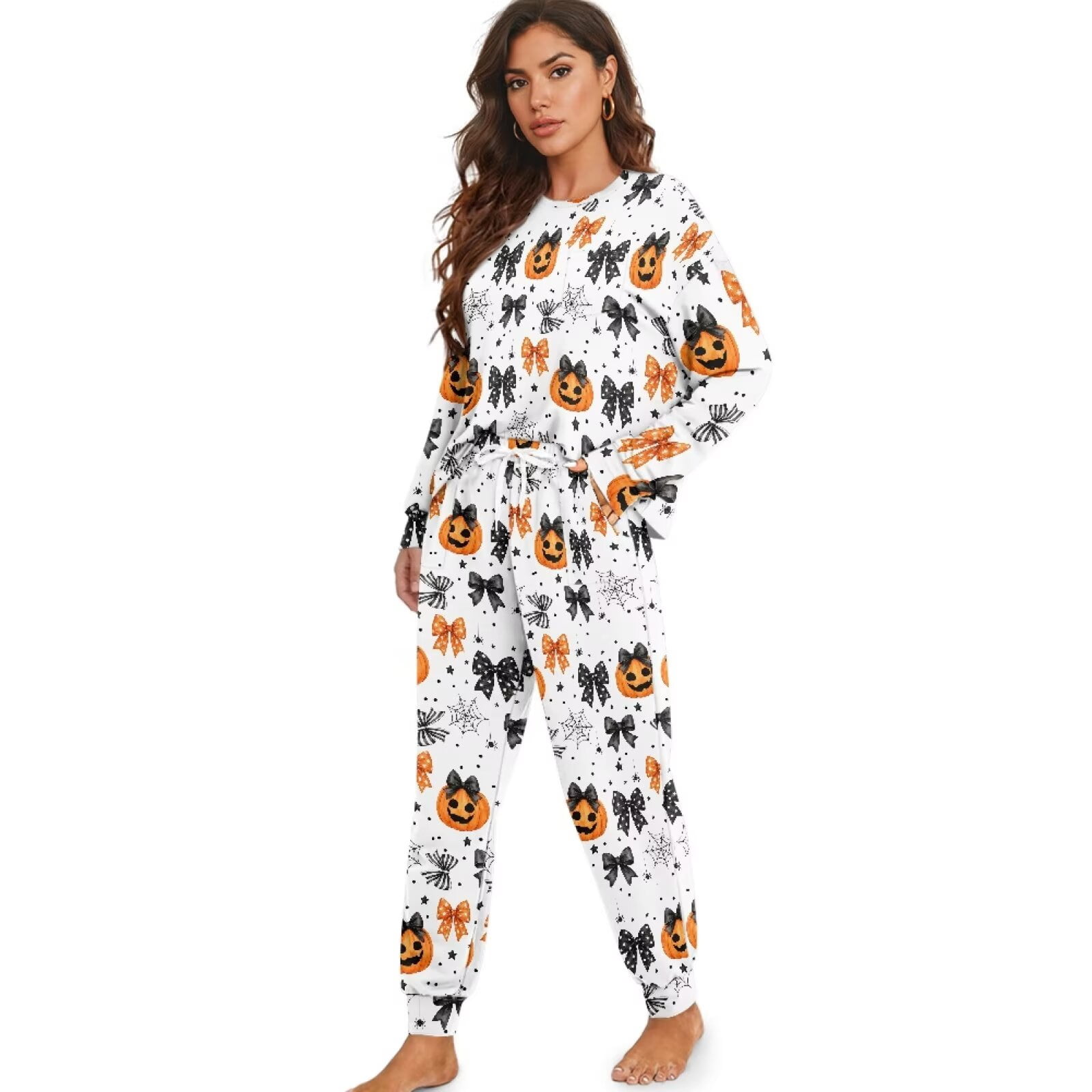 KUIFORTI White Pumpkin Women's Long Sleeve Pajama Sets 2 Piece Soft Comfortable Fabric, Long Sleeve Tops, Pants with Drawstring and Side Pockets, Ideal for Spring Summer Fall Winter Daily Wear