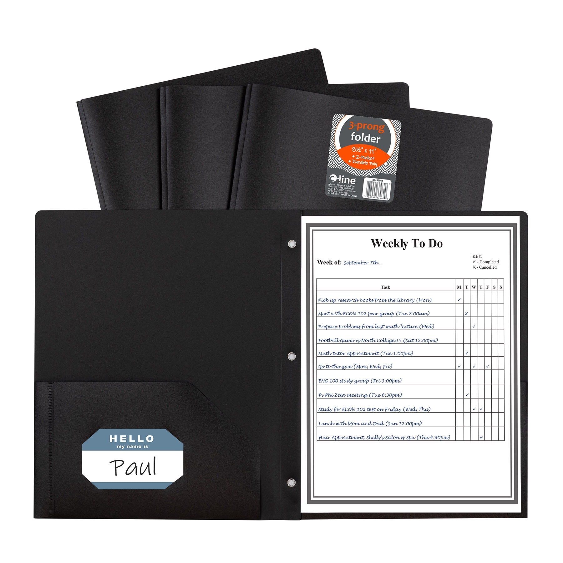 C-Line Two-Pocket Heavyweight Poly Portfolio Folder with Prongs, Black, Pack of 25