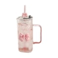thumbnail image 2 of 1PC Bow Shaped Square Transparent Glass Cup with Lid Straw and Handle Heat Resistant Glass Tumbler Suitable for for Water Juice Iced Coffee Milk Tea, 2 of 7