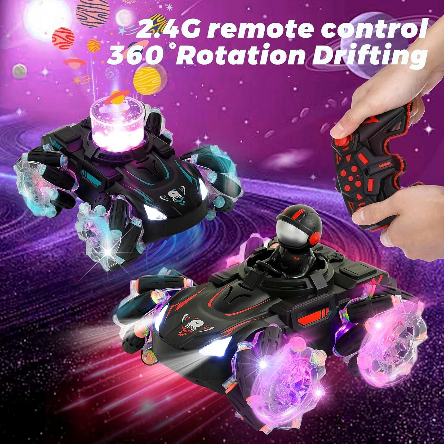 Lvelia Remote Control Cars,2.4Ghz RC Stunt Cars with Light Projection & Spray, 4WD off Road Drift Toys for Age 8-12 Kids Boys Birthday Gift