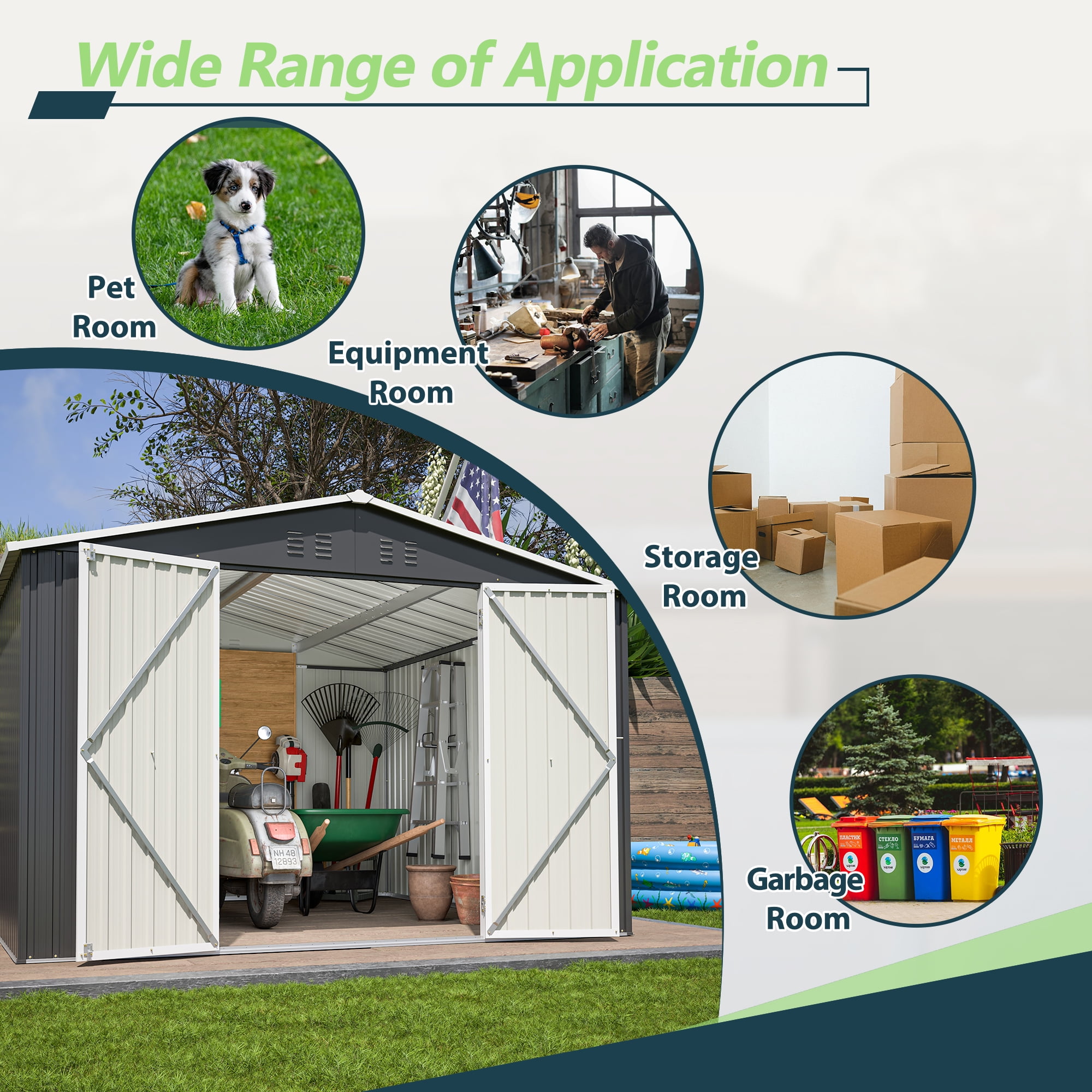 MAYEERTY 10x10FT Outdoor Utility Metal Storage Shed, Reinforced Frame & Ventilated Design, Lockable Waterproof Tool Shed for Backyard, Garden & Patio
