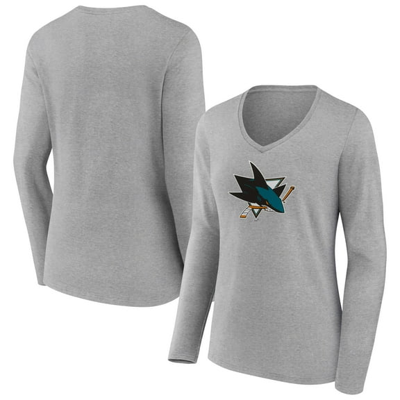 Women's Heather Gray San Jose Sharks Primary Logo Team Long Sleeve V-Neck T-Shirt