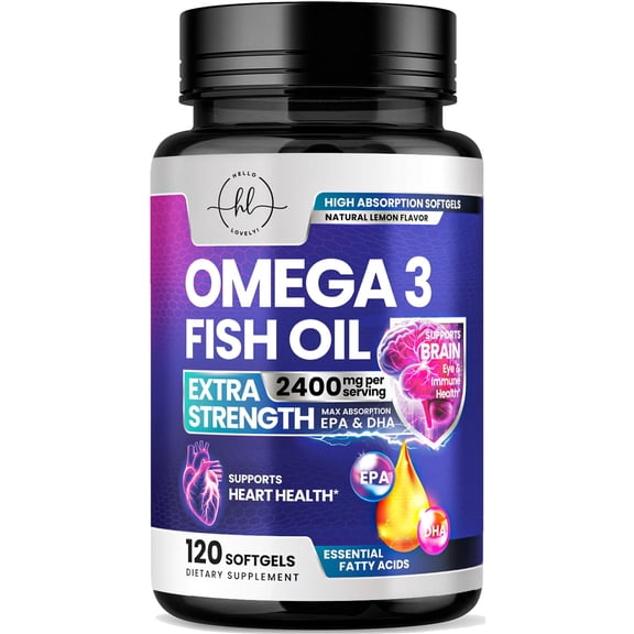 Omega 3 Fish Oil Supplements 2400mg Fish Oil - Triple Strength Omega-3 with EPA & DHA Fatty Acids - Natural Heart, Brain & Immune Support - Wild Caught, Gluten Free, Bottled in USA - 120 Softgels