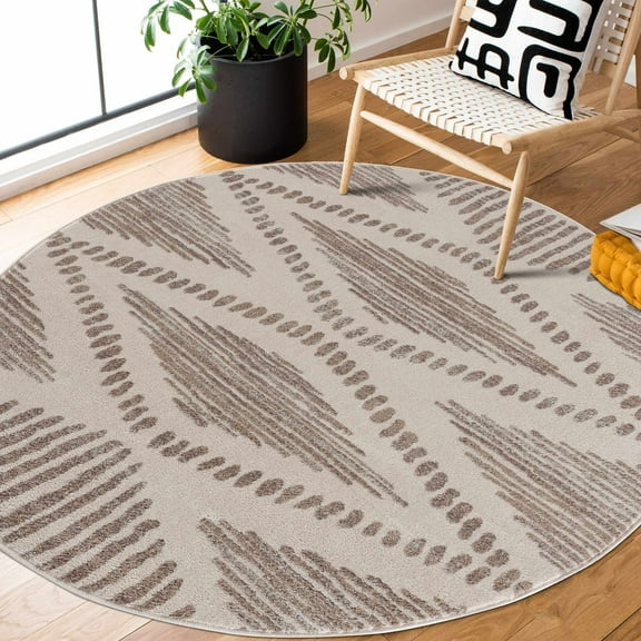 Hauteloom Tigris Nikea Geometric Southwestern Farmhouse Living Room Round Under Table Area Rug - Vintage Distressed - Boho Aztec Tribal Pattern - Ivory, Beige, Gray - 7'10" Circle/Circular