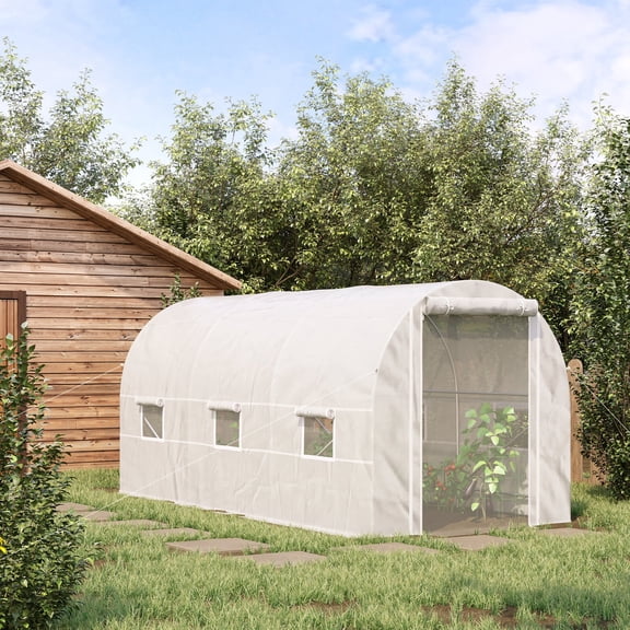 Outsunny 14.6' x 6.6' x 6.6' Walk-In Tunnel Greenhouse, Large Garden Hot House Kit with 6 Roll-up Windows & Mesh Door, Steel Frame, White