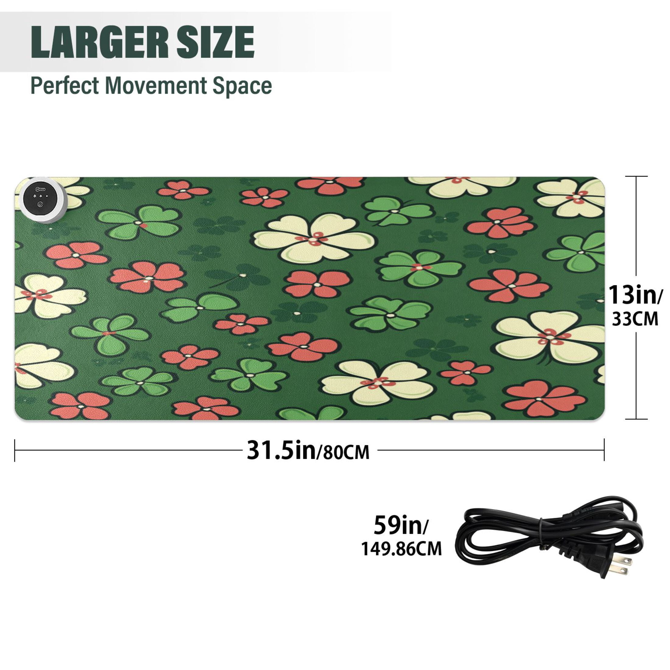 Wobogo Colorful Clovers Heated Mouse Pad Extra-Large Desk Mat With 3 Heating Levels and 3-hour Auto Shut-Off Protection Ideal for Computer Keyboards Home Office Hand-warming Essential 31.5in × 13in