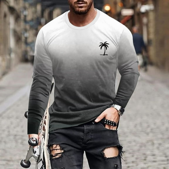 Graphic Tees for Men Big and Tall S-4X Plus Size Long Sleeve Round Neck T Shirts Casual Gradient Printed Loose Pullover Comfort Tops Tshirts