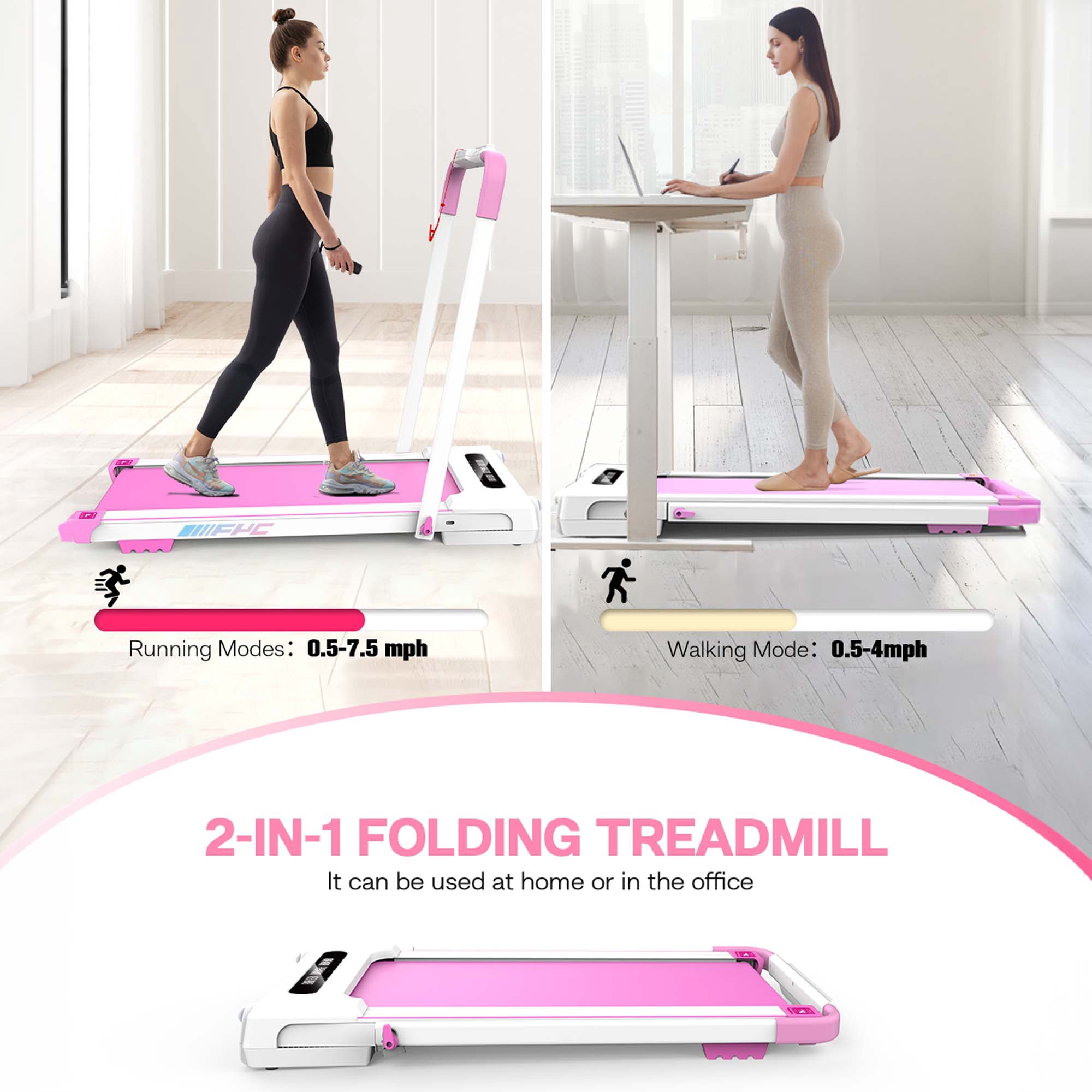 Aukfa 3.5 HP Under Desk Treadmill, Walking Pad 2 in 1 Folding Treadmill for Home Office Workout, 300lb Capacity, Pink