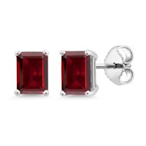 Gem Stone King 925 Sterling Silver Red Garnet Stud Earrings for Women Men (3.60 Cttw, Gemstone Birthstone, Emerald Cut 7X5MM)