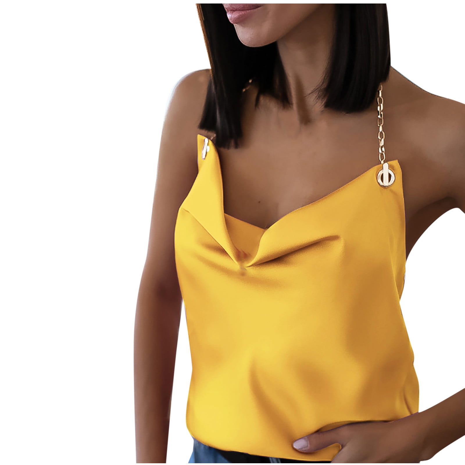 Xysaqa Women's Satin Cowl Neck Halter Tops Metallic Chain
