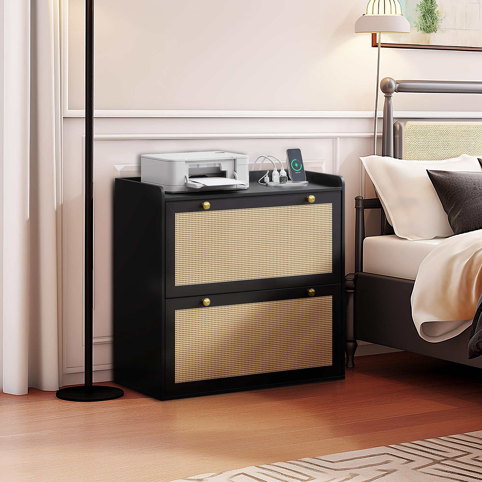 Dextrus Rattan 2 Drawer File Cabinet with Charging Station, Lateral Wood Filing Cabinet Printer Stand Fits A4 Letter Legal Size Files, Black