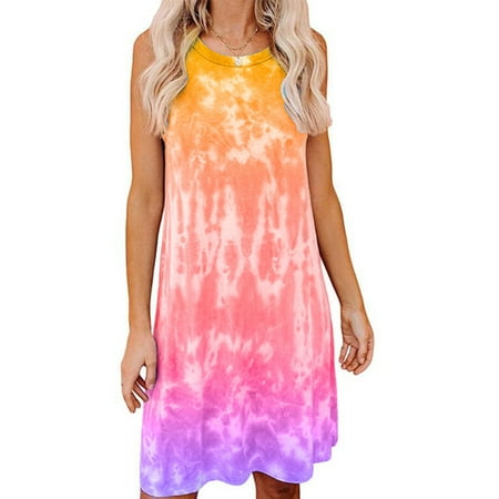 

Canis Women s Tie Dye Tank Sleeveless Knee Length Pleated Sun Dresses Pajama Sleep Shirt Lounge Dress